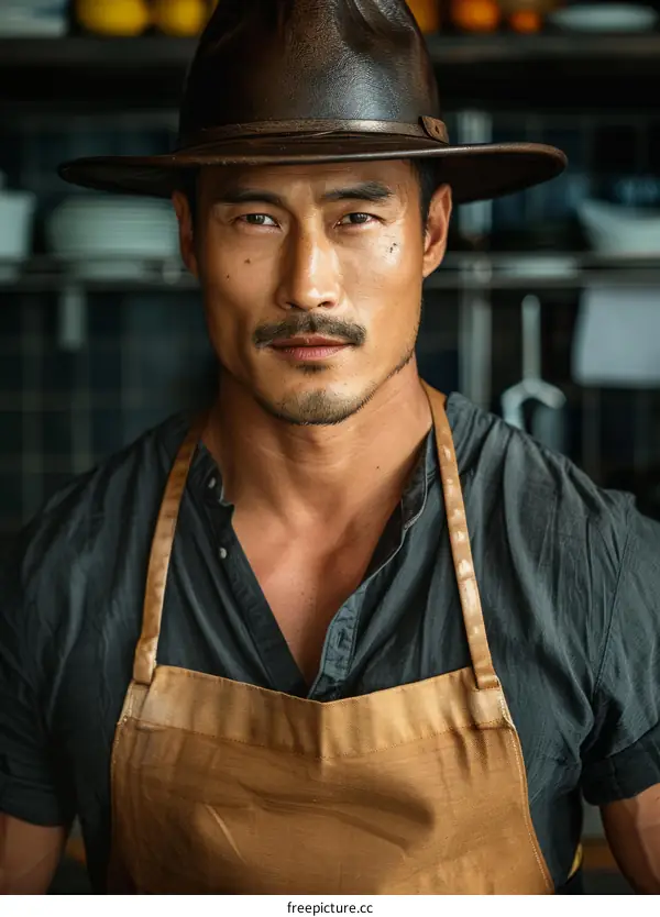 Portrait of a handsome Asian chef wearing a hat and apron