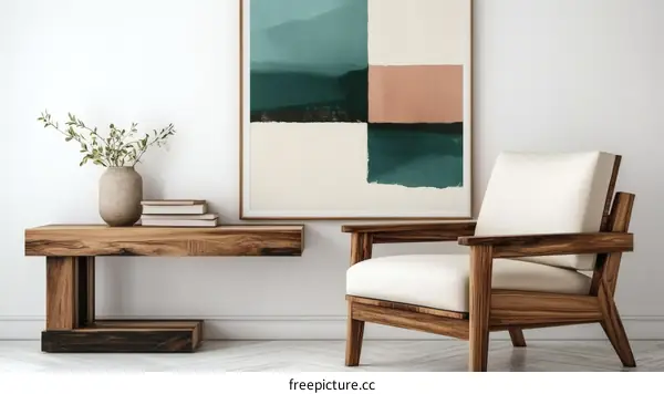 Modern Wooden Armchair and Console Table with Abstract Art
