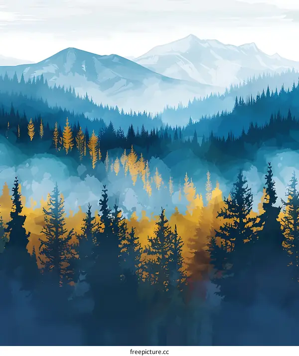 Watercolor Landscape with Mountains and Forest