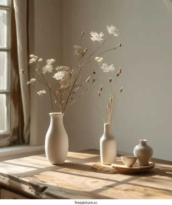 Three vases of dried flowers on a wooden table