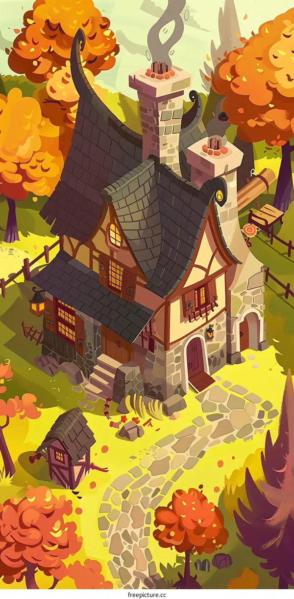Cute Cartoon Illustration of a Stone House in the Woods