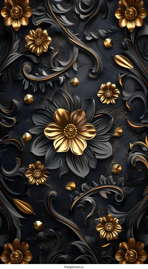 3D rendering of golden flowers on a black background
