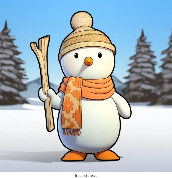 Cute Penguin Wearing a Hat and Scarf Holding Ski Pole