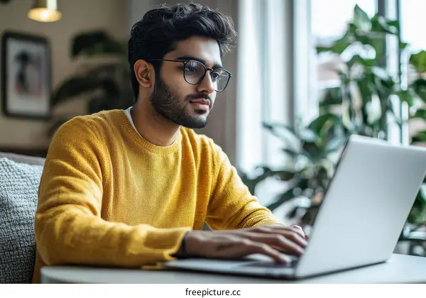 Focused Young Man Working on Laptop