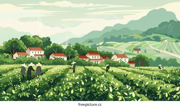 An illustration of a group of people working in a tea plantation