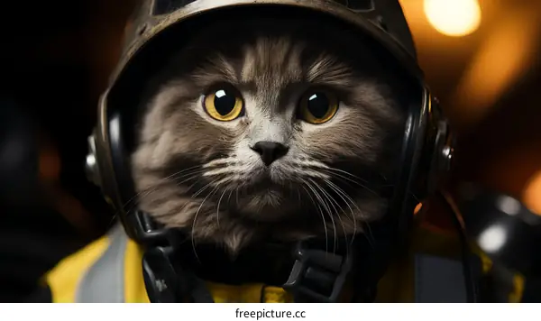 Cat Firefighter:  Wearing a Helmet