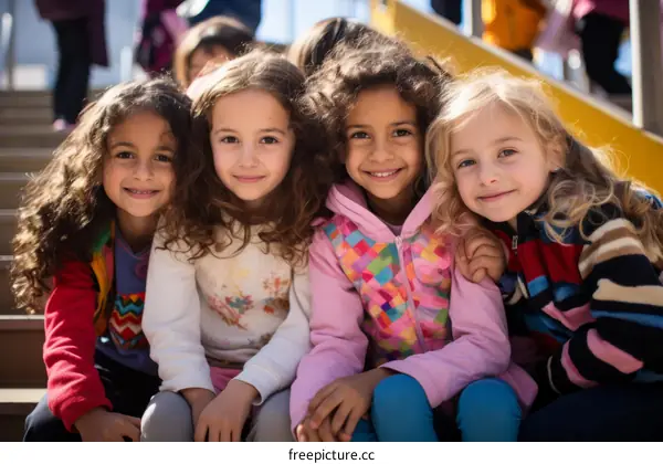Four happy girls sitting on the bleachers