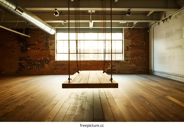 Wooden Swing Hanging From Ceiling In Industrial Building
