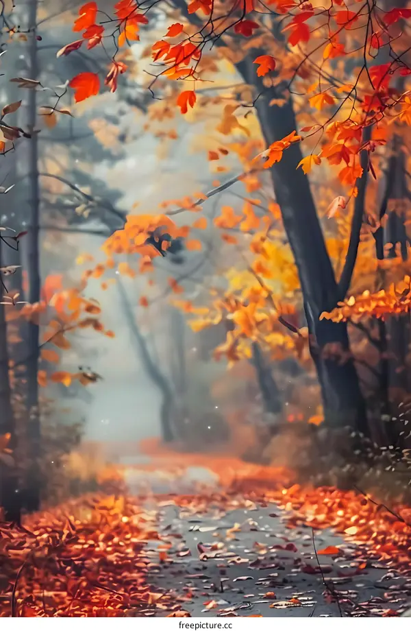 Autumn Forest Path With Fallen Leaves