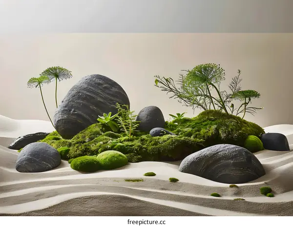 Zen Garden With Rocks, Sand, And Moss