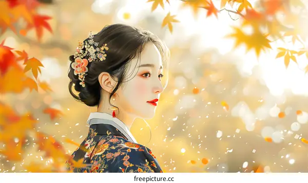 A beautiful Korean woman in traditional dress stands in a field of autumn leaves.