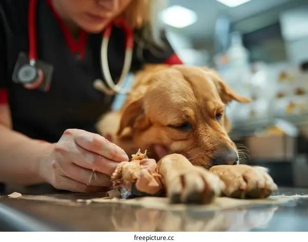 Close-up of a veterinarian bandaging a dog's injured paw