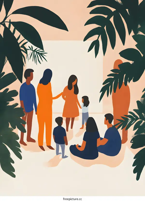 Family Gathering Illustration with People Standing and Sitting Around