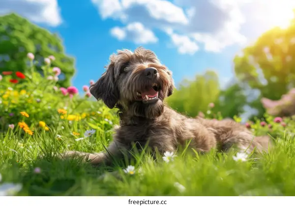 brown dog lying on a grass field with flowers