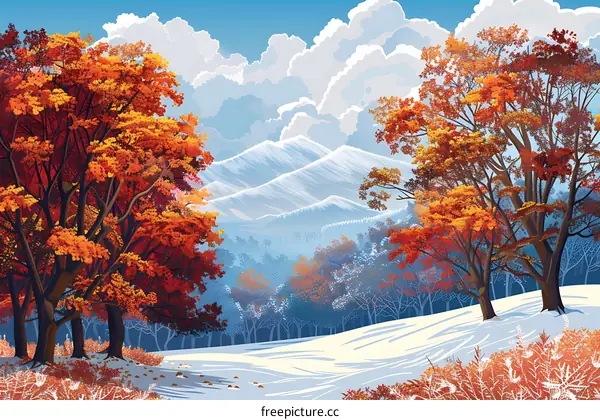 Autumn Trees on a Snowy Mountain Landscape