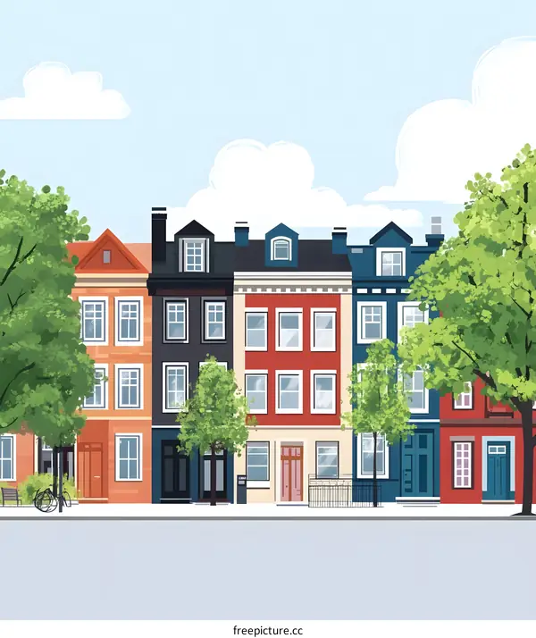 Row of Colorful Houses with Trees