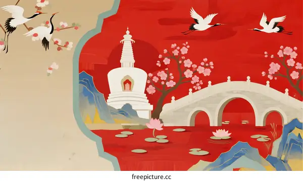 Traditional Chinese Artwork with Red Background, Cranes and Bridge