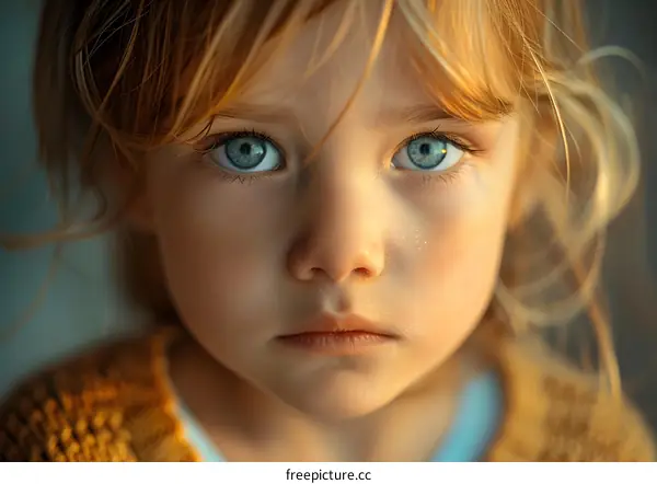Close Up Portrait of a Little Girl with Blue Eyes