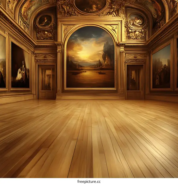 Empty Gallery Room With Paintings And Ornate Framing