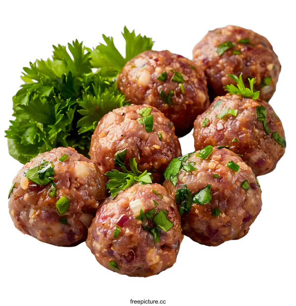 [Transparent Background PNG]Meatballs with parsley on a white plate