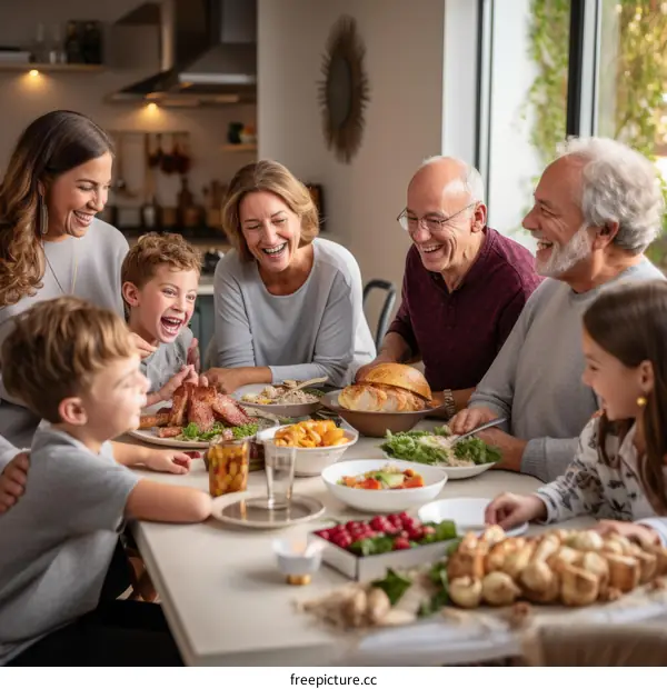 A multigenerational family sitting around a table and eating a meal together