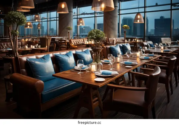 Elegant restaurant interior with blue leather sofas and wooden tables