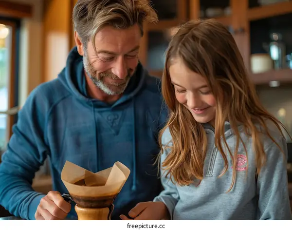 Father and daughter making coffee together