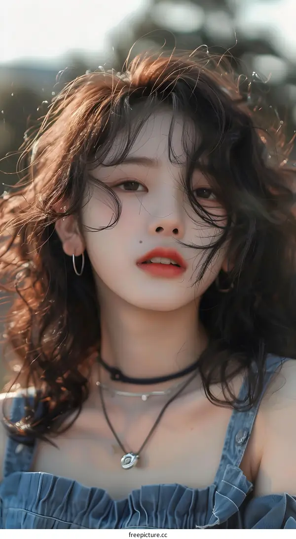 Portrait of a Young Woman with Long Hair and Red Lipstick