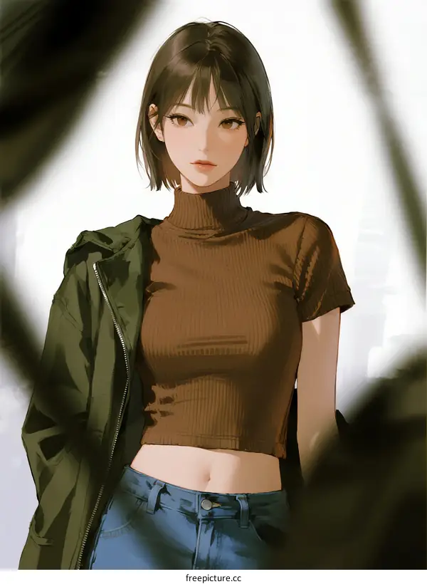 A young woman with short hair wearing a brown cropped top and blue jeans
