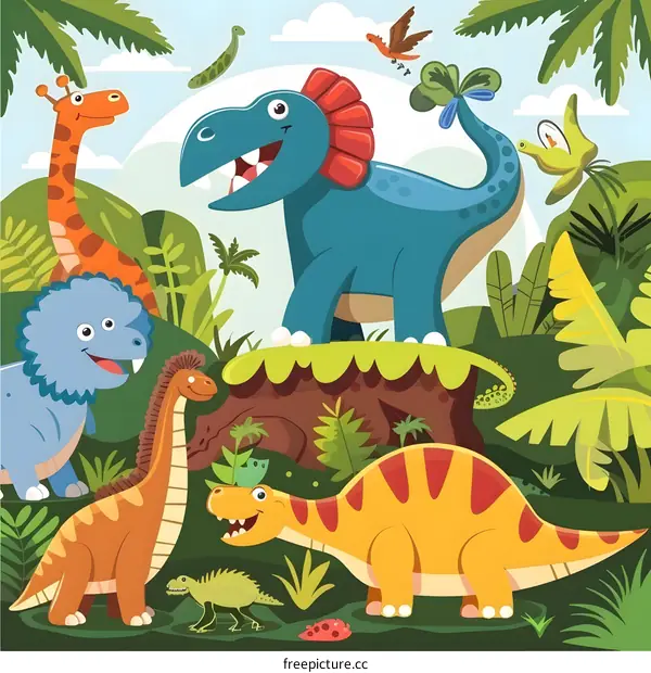 Cute Cartoon Dinosaurs in a Jungle Setting