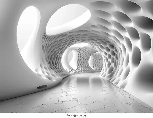Futuristic tunnel with glowing white walls and a cracked floor