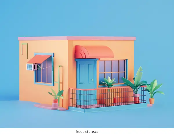 3D Minimalist House Illustration with Balcony and Plants
