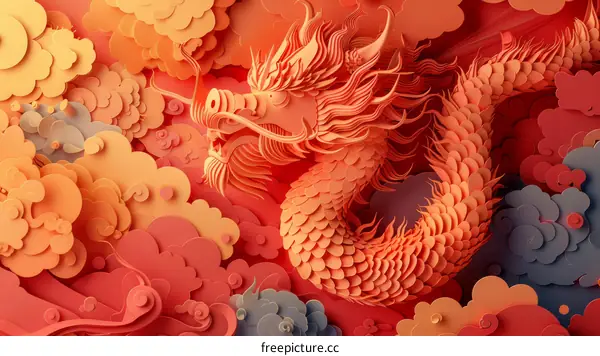 A 3D illustration of a red and orange Chinese dragon on a red and orange background.