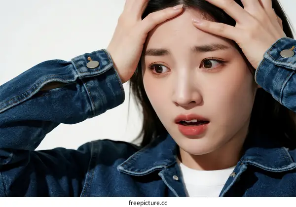 Young woman with denim jacket touching her head with worried expression
