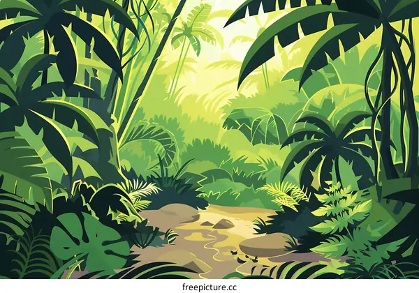 Jungle Illustration with Lush Greenery and a Stream