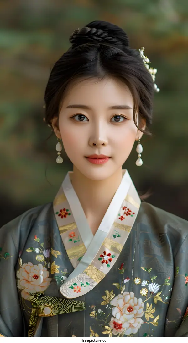 Portrait of a young woman in traditional Korean dress, or Hanbok