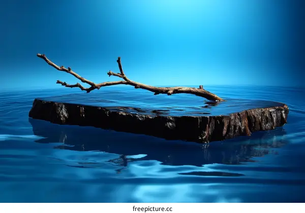 Floating Wooden Platform with Branch in Blue Water