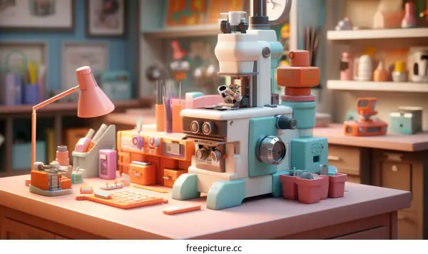 A Colorful Vintage Microscope in a Whimsical Laboratory Illustration