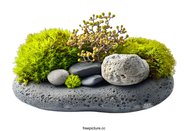 [Transparent Background PNG]Green Moss and Small Plants on a Rock Arrangement