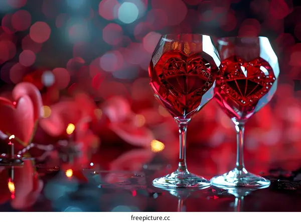 Two glasses of red wine in the shape of a heart