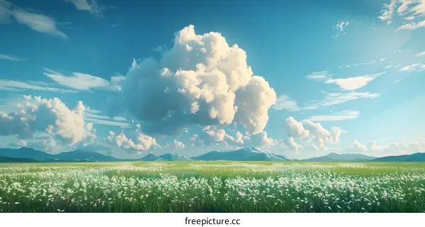 Field of white flowers under a blue sky with mountains in the distance