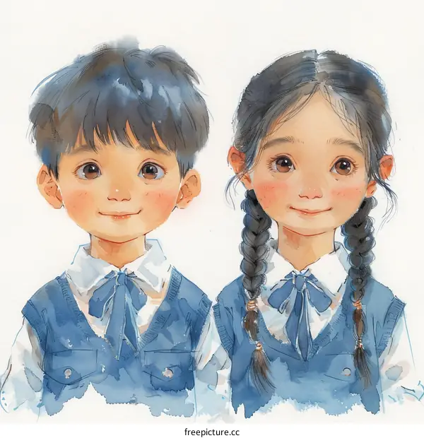 Watercolor Portrait of Two Asian Children
