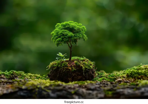 A Tiny Tree Flourishes on a Mossy Stone Amidst a Serene Forest