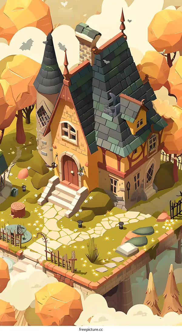 Cute Cartoon Style Autumn House Illustration