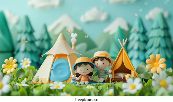 Happy Camping Friends Cartoon: Two Kids Enjoying Nature