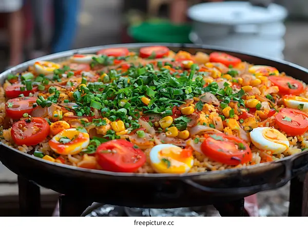 Delicious Paella Dish with Rice Vegetables and Eggs