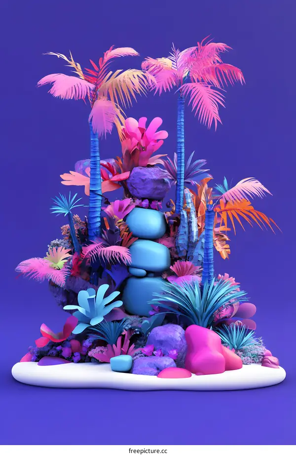 Abstract 3D Tropical Island with Neon Colors