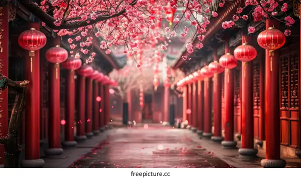Chinese courtyard adorned with red lanterns and blooming pink cherry blossoms