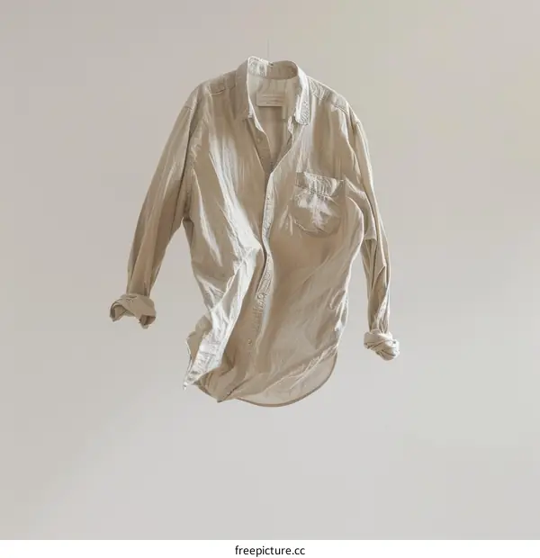 Light academia aesthetic clothing photography of a beige linen button down shirt