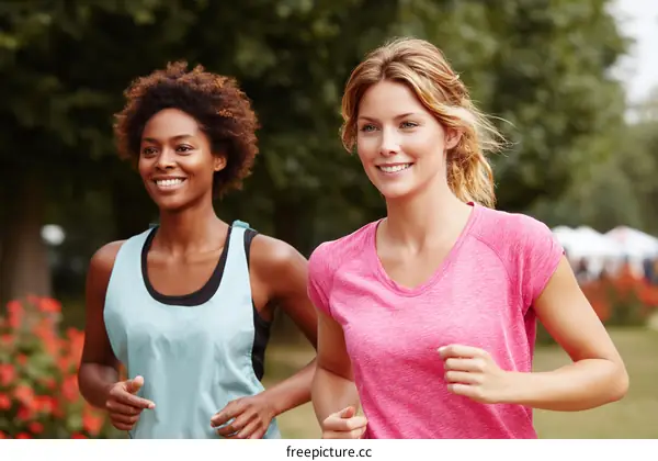 Two Women Running Outdoors in Park